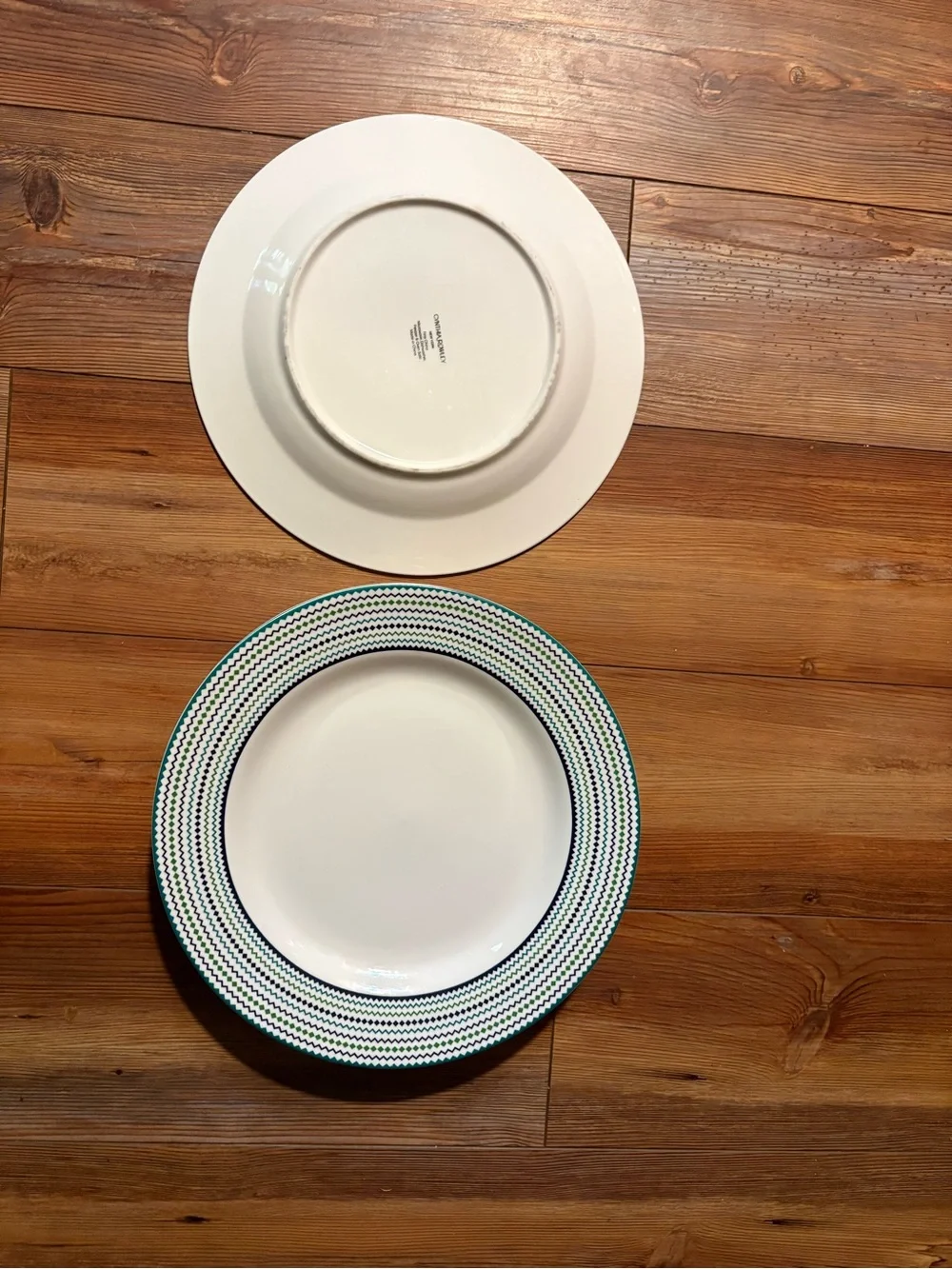 Cynthia Rowley White Dinner Plate with Blue and Green Zigzag Rim